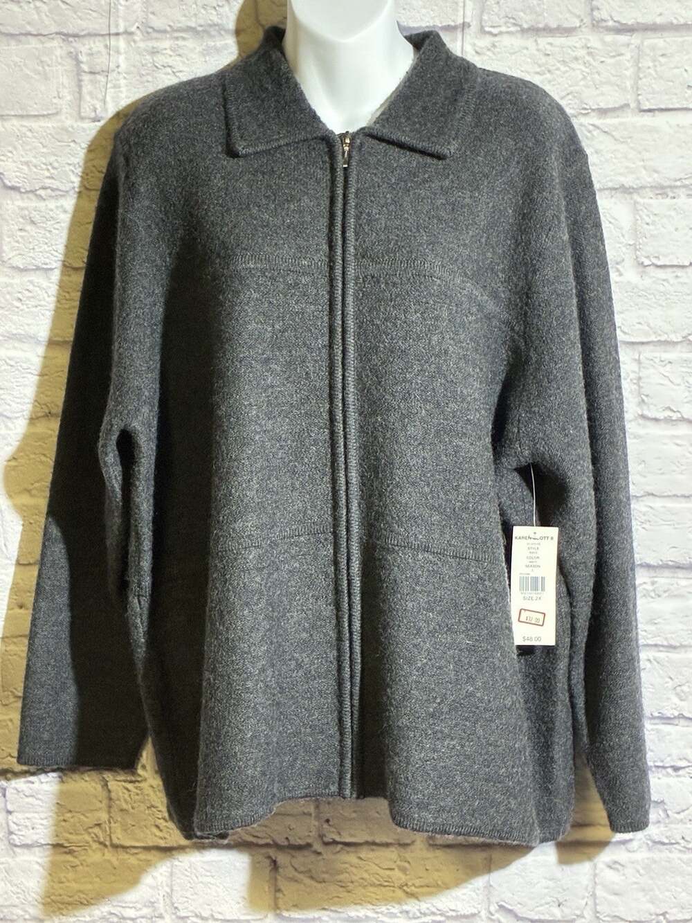 Vintage Karen Scott II 100% Wool Zip Sweater Womens 2X Gray Made Australia NWT
